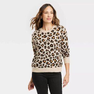 NWT - Knox Rose Women’s Long Sleeve Leopard Print Knit Pullover Sweater